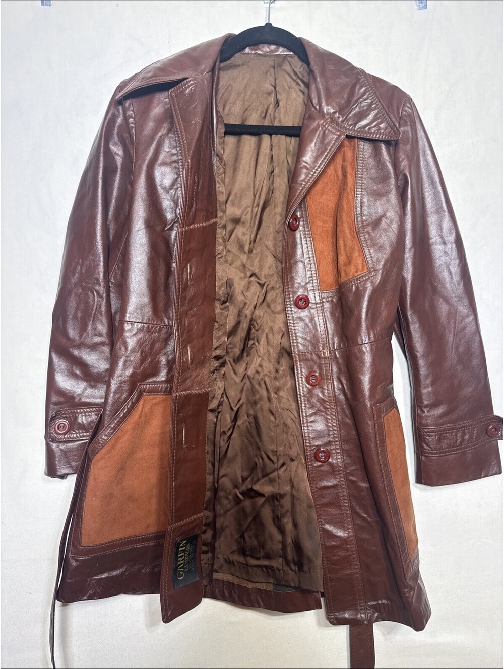 Vintage 1970s Garfin Leathers Colorblock Leather & Suede Belted Coat Size 10